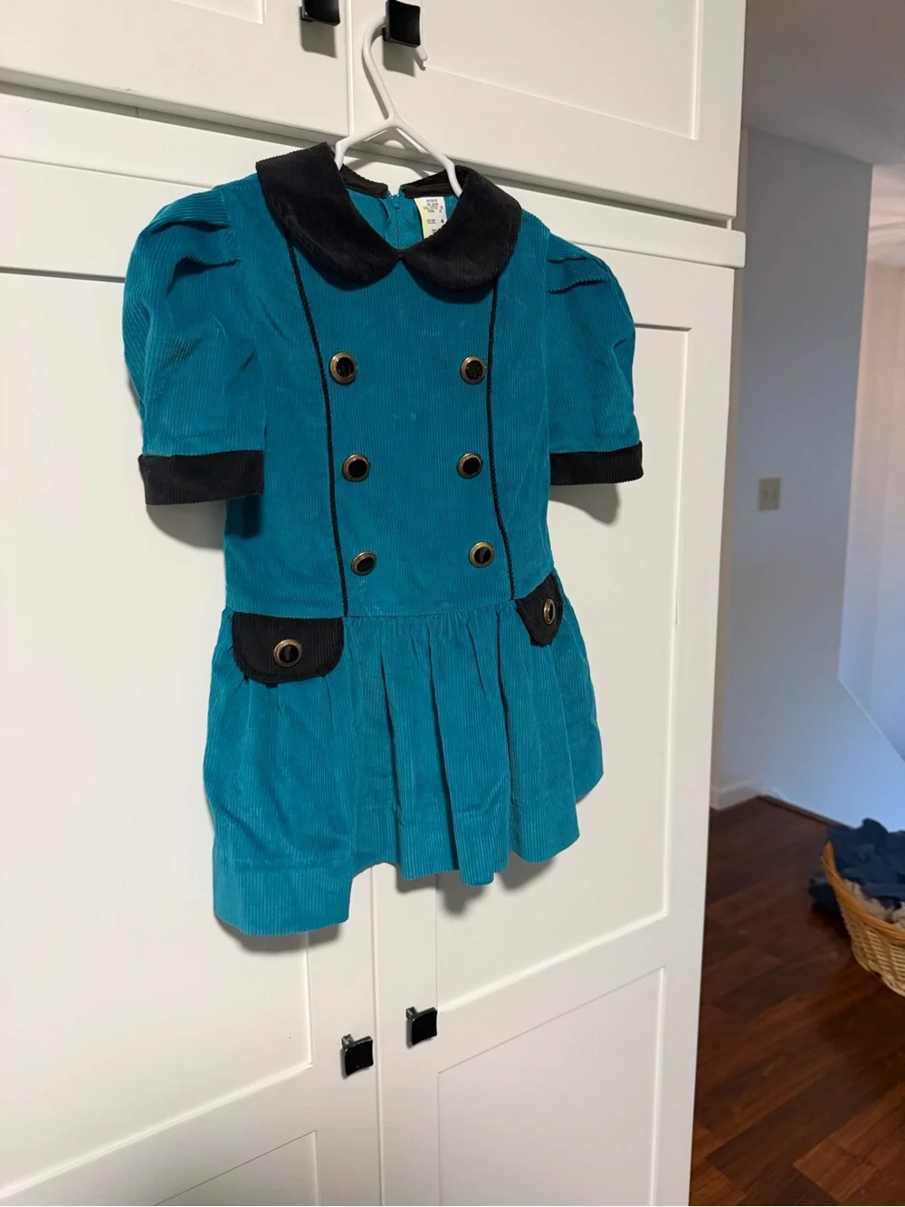 Vintage early 90’s Teal Green Corduroy Drop Waist Kids Dress with Black Trim